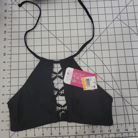 NWT Hula Honey XS Criss Crossed Ring Front Black High Neck Bikini Swim Top 89436 - Picture 3 of 3